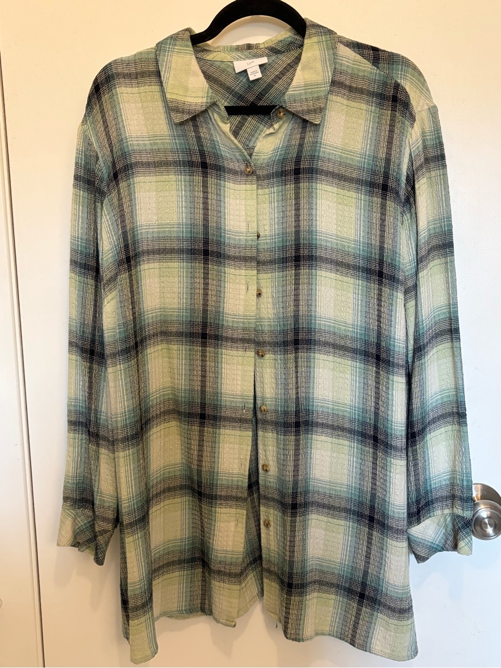 J.Jill Plaid Button-Up Shirt in Light Green and Navy